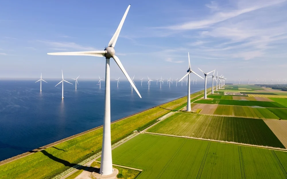 Green field with wind turbines under blue sky